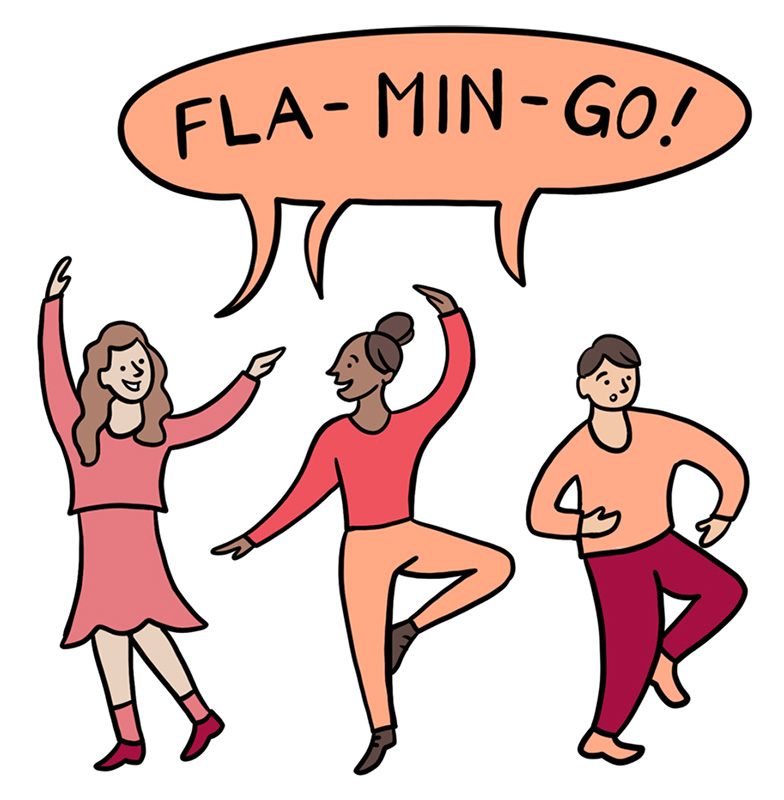Zwei Frauen und ein Mann tanzen, darüber steht in einer gemeinsamen Sprechblase das Wort Fla-min-go.
