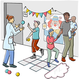 Ein Comic, das ein Kind beim Spielen mit einer Krankenschwester zeigt, daneben steht ein Mann mit einem Kind auf dem Arm, der mit einem anderen Kind spielt.