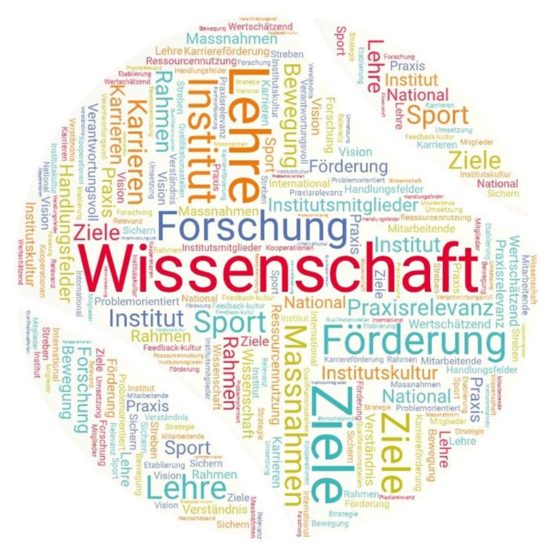 Wortwolke zur Institutsstrategie dargestellt als Tennisball.