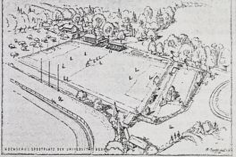 Zeichnung des Hochschulsportplatzes im Jahre 1946.